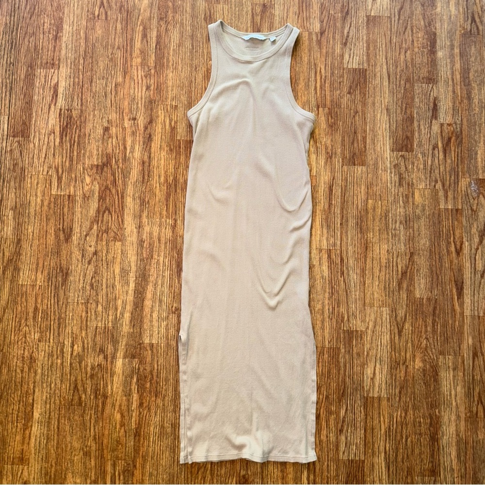 Calvin Klein Jeans Beige Ribbed Midi Tank Dress Size S Side Slit Minimalist